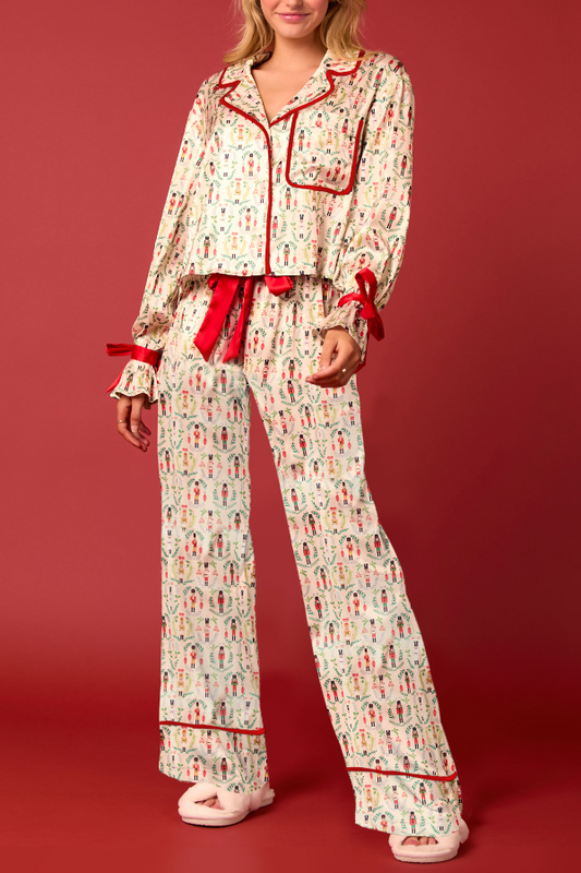 Women's Santa Christmas Satin Lapel Neck Pajama Set