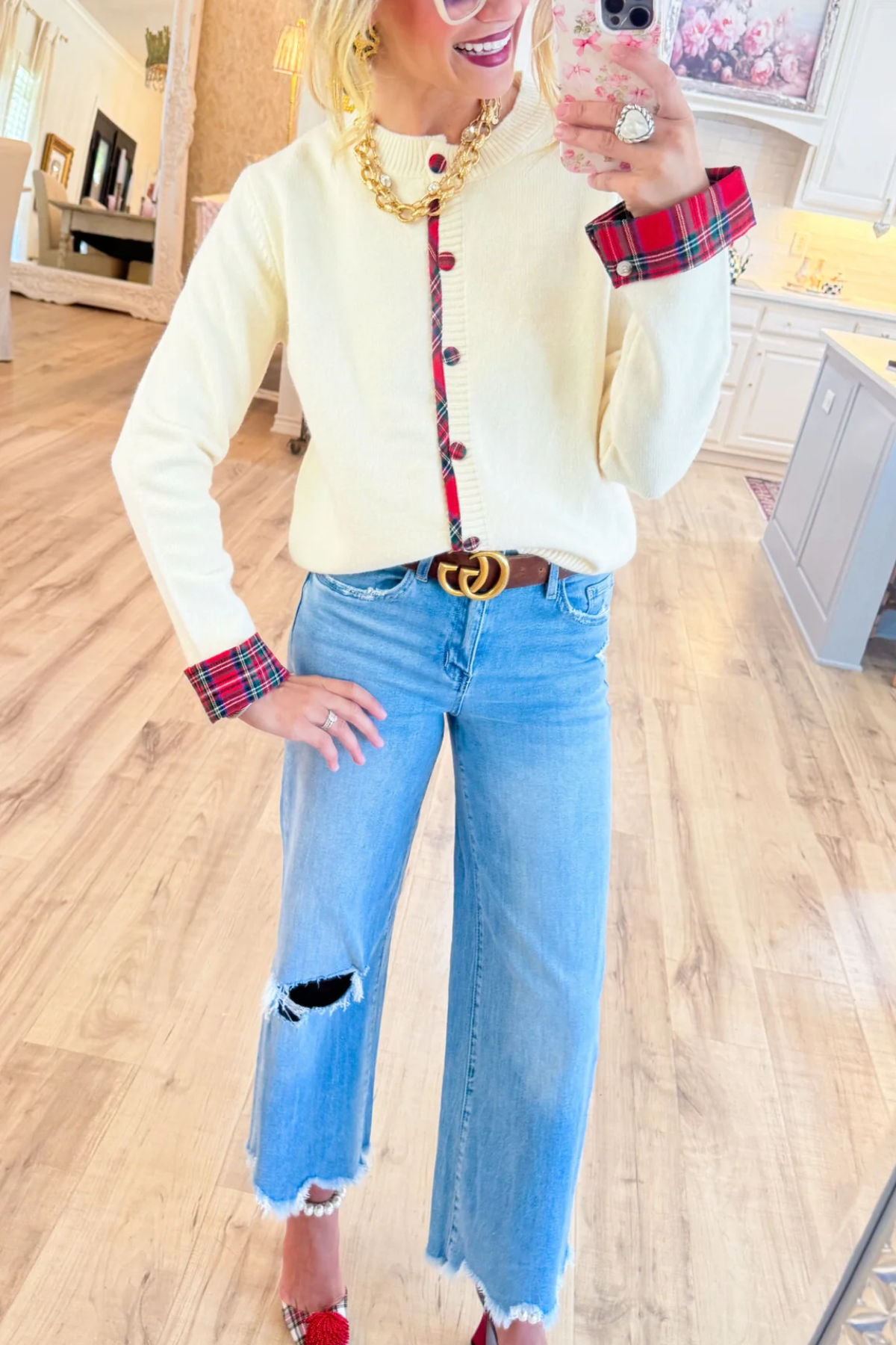 Cream Plaid Trimmed Cardigan