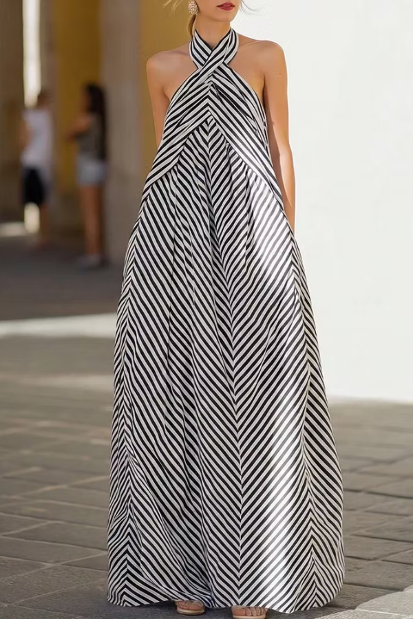 Women's Striped Halter Neck Chiffon Maxi Dress
