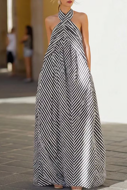 Women's Striped Halter Neck Chiffon Maxi Dress