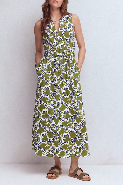 Botanical Print Drawstring Waist-Defining Maxi Dress