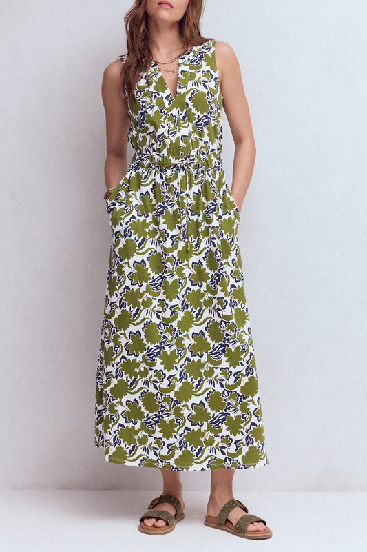 Botanical Print Drawstring Waist-Defining Maxi Dress
