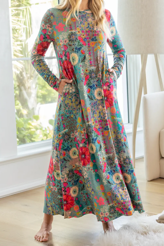 Women's Round Neck Ethnic Bohemia Style Cotton A-Line Dress