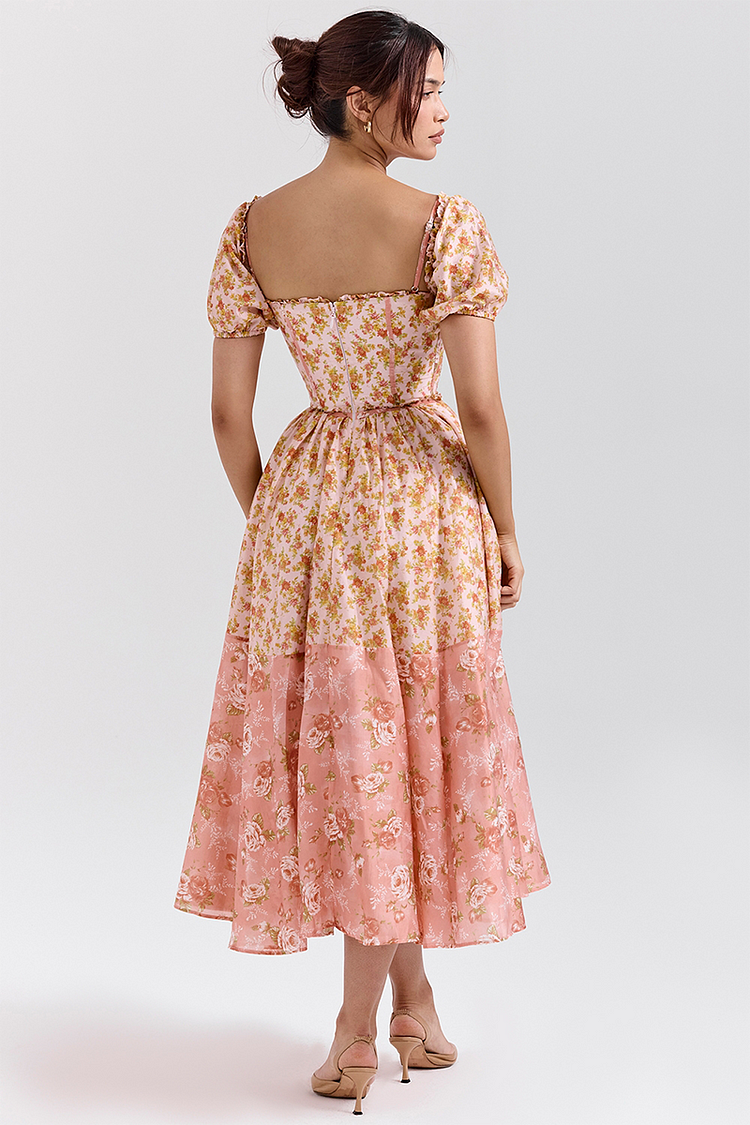 Robe mi-longue à imprimé floral, manches bouffantes, taille cintrée, colorblock