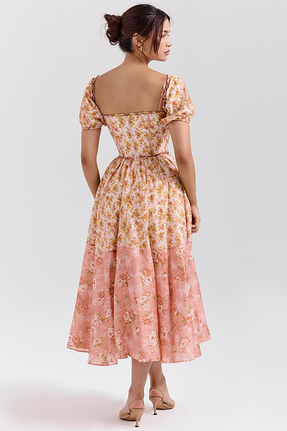 Robe mi-longue à imprimé floral, manches bouffantes, taille cintrée, colorblock
