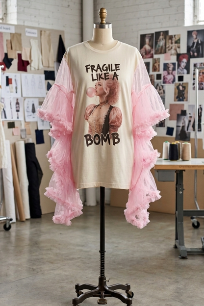 Women's Pink-haired Printed Bat-sleeve T-shirt