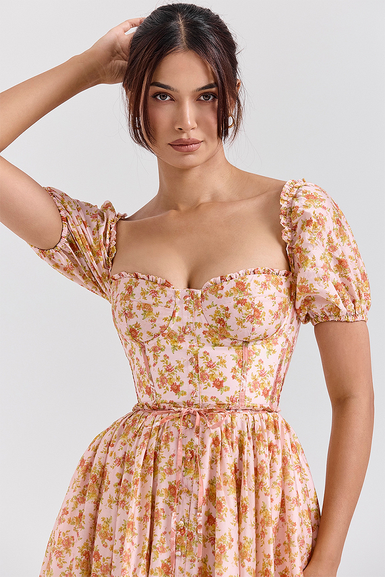 Robe mi-longue à imprimé floral, manches bouffantes, taille cintrée, colorblock