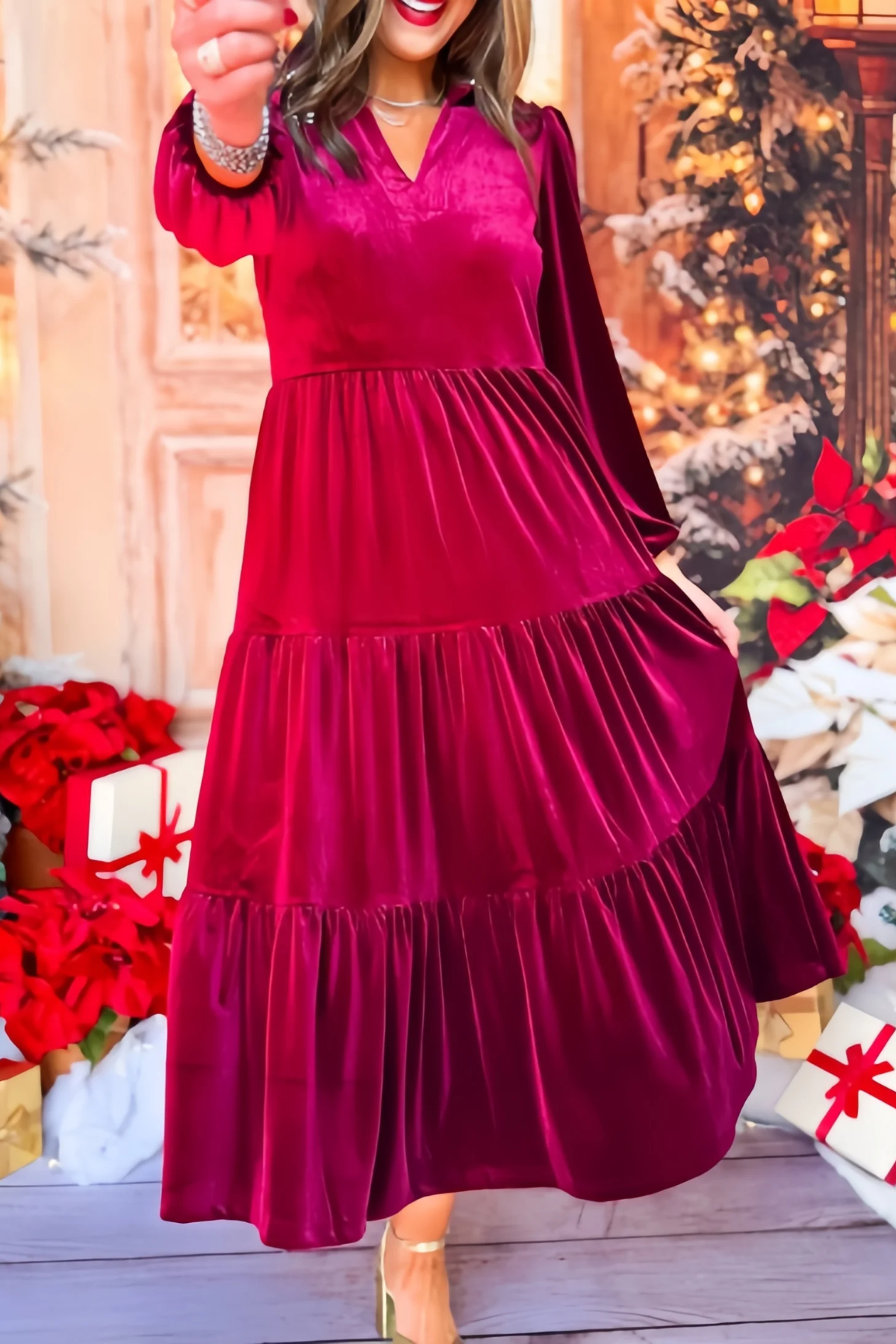 Snow Velvet Rhinestone Collar Maxi Dress