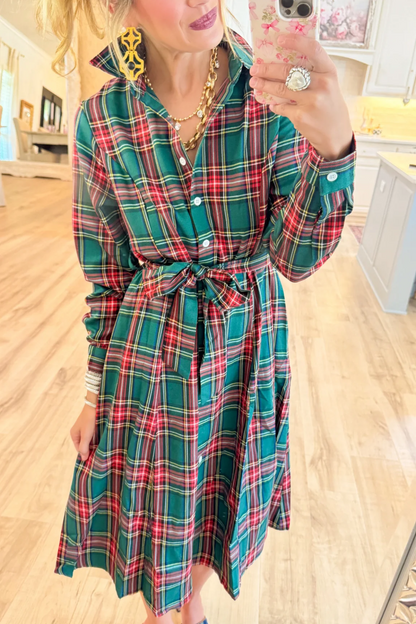Hunter Green Multi Plaid Midi Dress