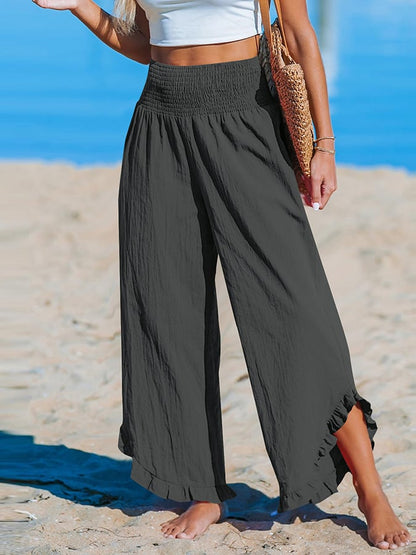 Pantalon décontracté ample en coton et lin à ourlet irrégulier plissé à taille haute pour femme 