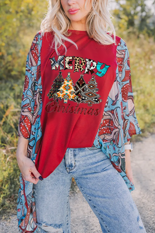 Christmas Print Bat Sleeve T-shirt (no Back Pocket)