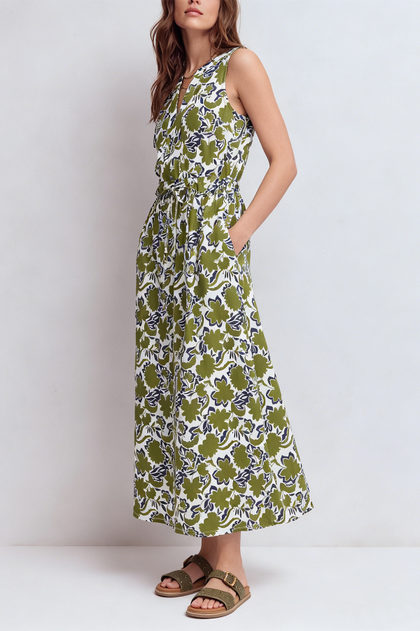 Botanical Print Drawstring Waist-Defining Maxi Dress