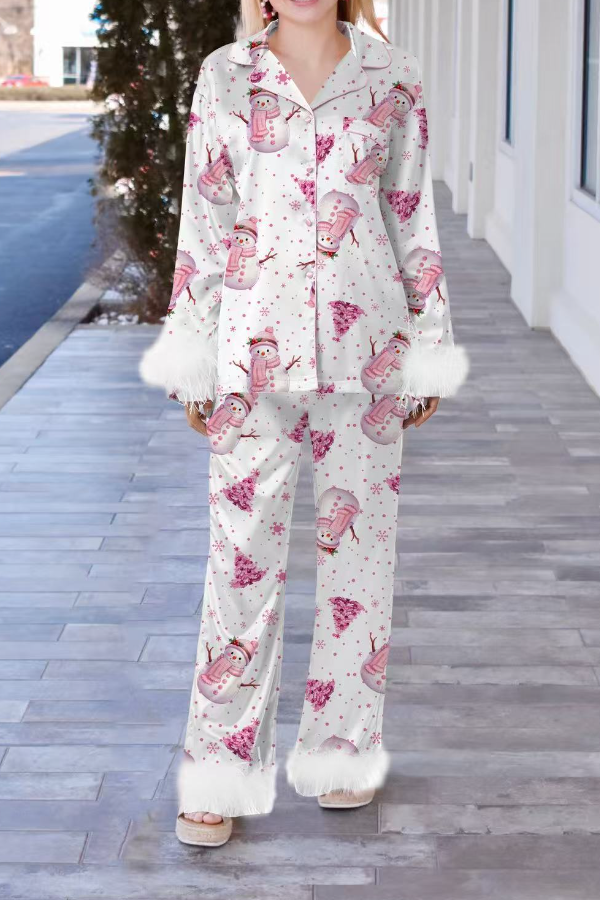 Christmas Holiday Pink Feather Women Pajams Set