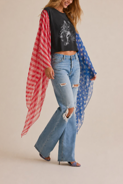 American Style Chiffon Slogan Bat Sleeve T-Shirt