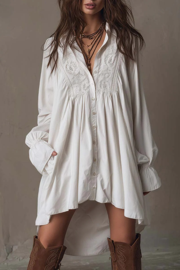 Retro-style Lace Irregular Hem Long-sleeved Mini Dress