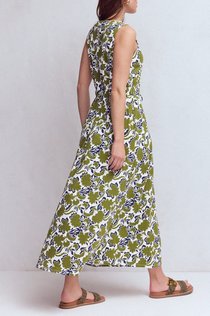 Botanical Print Drawstring Waist-Defining Maxi Dress