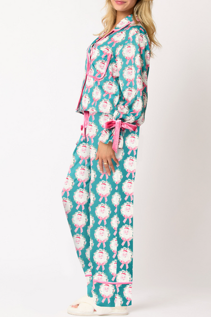 Women's Santa Christmas Satin Lapel Neck Pajama Set
