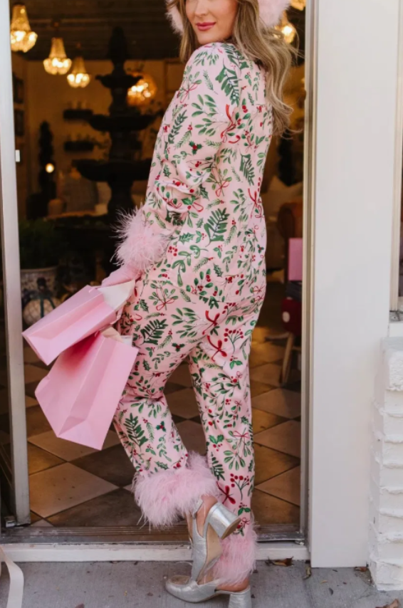 Christmas Holiday Pink Feather Women Pajams Set
