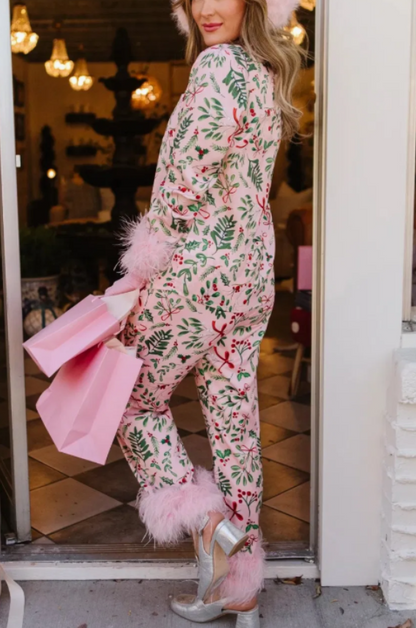Christmas Holiday Pink Feather Women Pajams Set