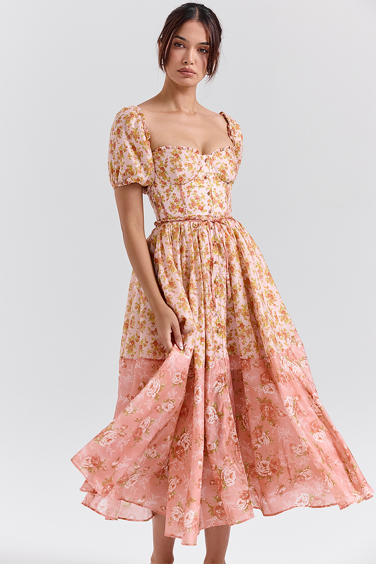 Robe mi-longue à imprimé floral, manches bouffantes, taille cintrée, colorblock