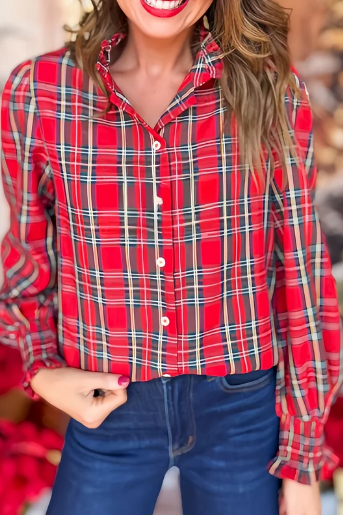 Plaid Puff Smocked Long Sleeve Button Down Top In Red