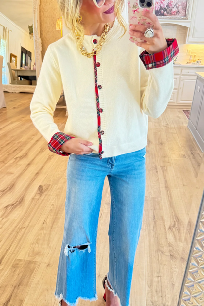 Cream Plaid Trimmed Cardigan