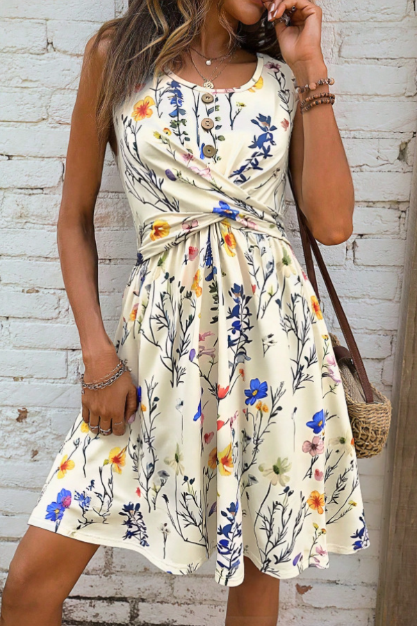 Casual Vacation Floral Print Pleated Cross Design Sleeveless Round Neck Dress