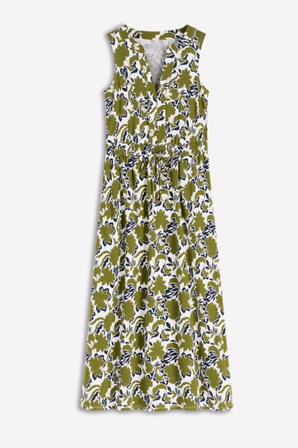 Botanical Print Drawstring Waist-Defining Maxi Dress