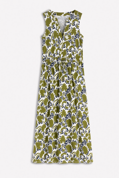 Botanical Print Drawstring Waist-Defining Maxi Dress