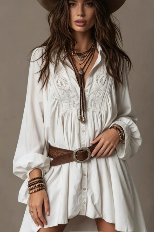 Retro-style Lace Irregular Hem Long-sleeved Mini Dress
