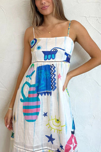 Robe mi-longue en lin mélangé à imprimé ludique et bordure en échelle She's The Fun