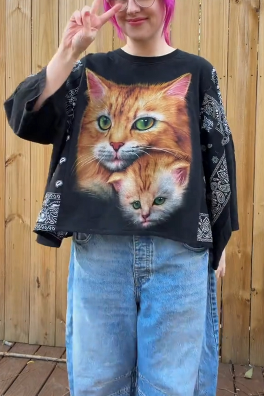 Orange Cat Print Mid-Sleeve Top