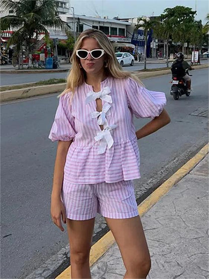 Blue Bow Striped Blouse Set