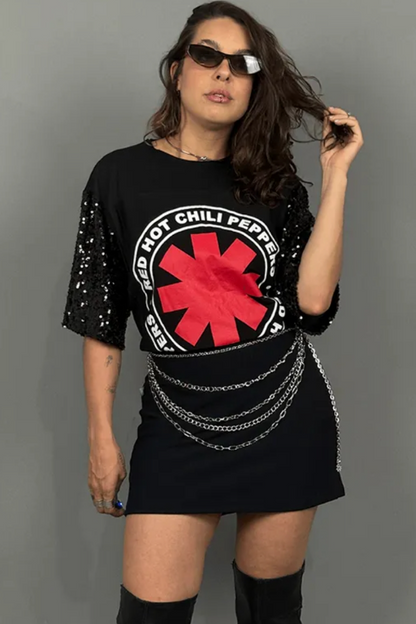 Black Red Hot Chili Peppers Sequined Sleeve Tee