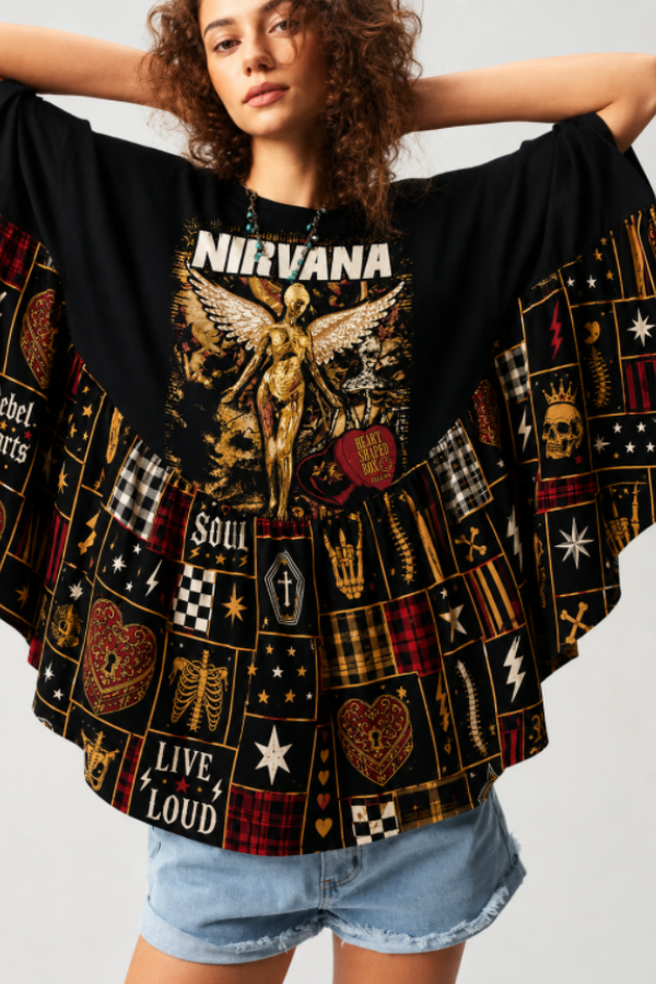 Nirvana Band&Grunge Angel Patchwork Poncho Top
