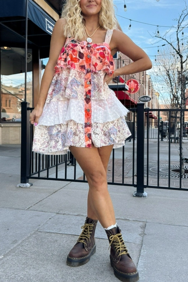 Strap-print Ruffled Dress