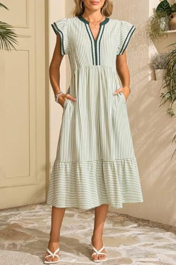 Summer V-Neck Ruffle Cap Sleeve Empire Waist Flowy Striped Beach Midi Maxi Dress