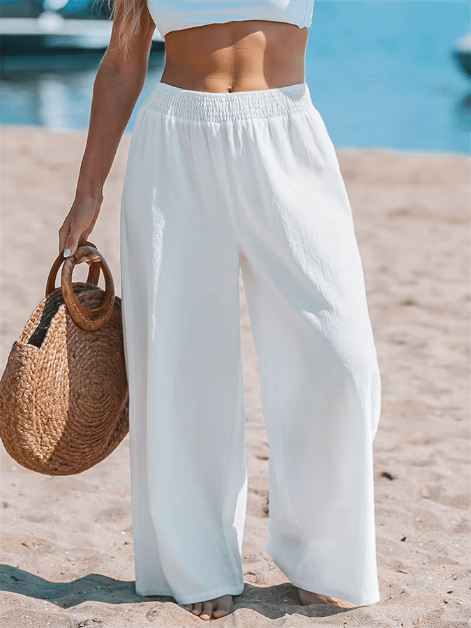 Pantalon décontracté de vacances à taille élastique simple de couleur unie pour femme 