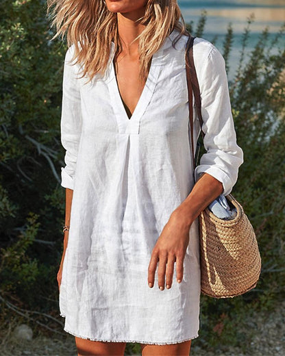 Robes unies décontractées vintage à col en V