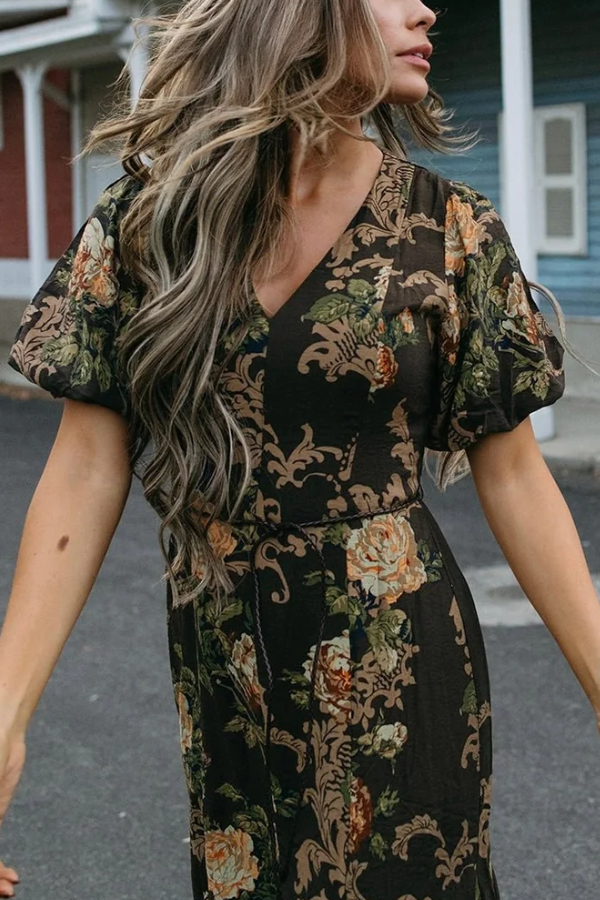 Women's V-neck Puff Sleeve Dress