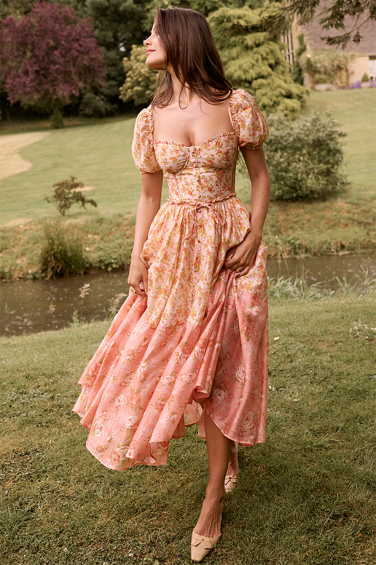 Robe mi-longue à imprimé floral, manches bouffantes, taille cintrée, colorblock