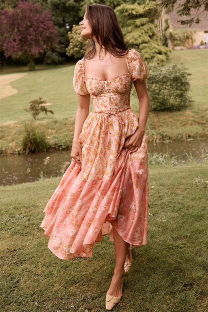 Robe mi-longue à imprimé floral, manches bouffantes, taille cintrée, colorblock