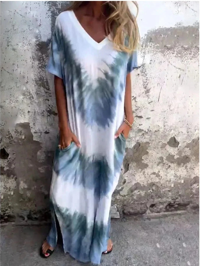 Plus-Size Printed Short-Sleeve Dress (With Pockets)